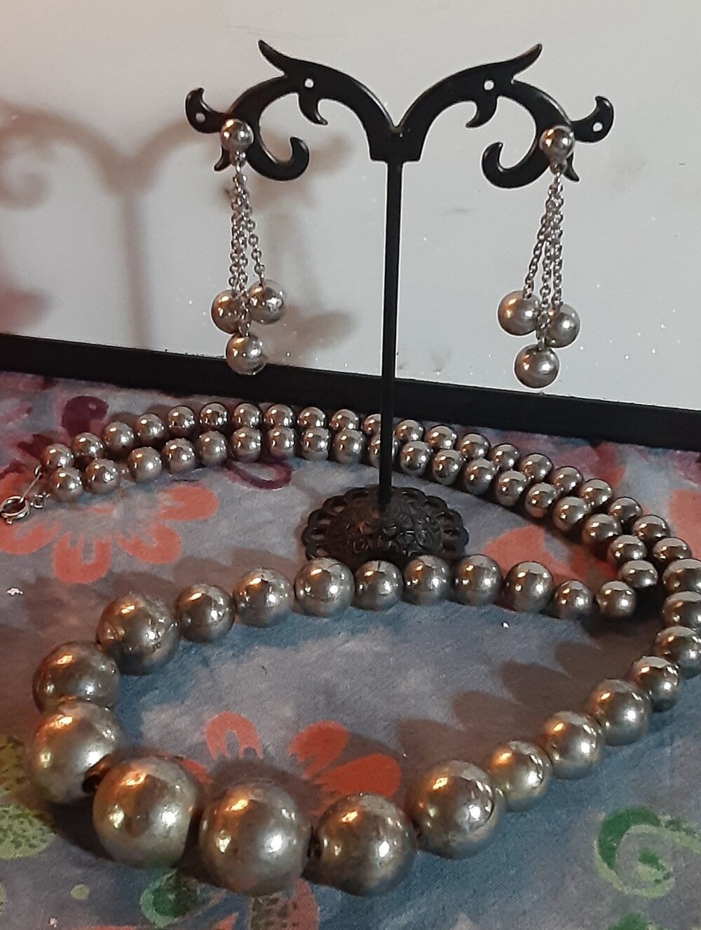 Vintage Sterling Graduated Beaded Necklace w/ Silvertone Beaded Earrings
